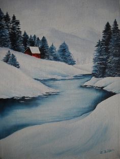 a painting of a snowy landscape with a cabin and stream in the foreground, surrounded by pine trees