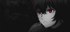 an anime character with red eyes and black hair, staring at something in the dark