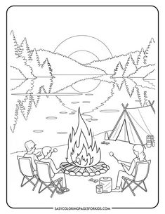 Camping scene coloring page featuring a campfire, three people roasting marshmallows, a tent, and a serene lake with mountains and a setting sun in the background. Perfect for kids' outdoor-themed activities. Camping Doodles, Campfire Drawing, Sitting Around A Campfire, Easy Coloring Pages For Kids, Calming Art, Adventure Journal, Easy Coloring, Easy Coloring Pages