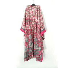 This beautiful kimono is soft and Light Weight.    Size : One size fits all Width - 109cm (43 inches) Height - 83.5cm (33 inches) Arm openings - 27.5cm (11 inches) Made out of pre loved sari. One of a kind. Care instructions : Hand wash                                    Low warm press Pink Printed Open Front Kimono, Pink Open Front Printed Kimono, Pink Bohemian V-neck Kimono, Pink Bohemian Flowy Kimono, One Size Pink Kimono For Festival, Long Pink Printed Kimono, Pink V-neck Kimono For Beach Cover-up, One Size Long Printed Kimono, Long Flowy Patterned Kimono