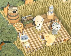 an animal picnic is set up in the middle of a field with food and drinks