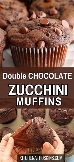 double chocolate zucchini muffins in a muffin pan with text overlay