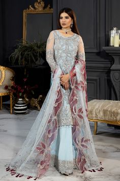 Blue Pakistani Wedding Dress in Kameez Sharara Style Luxury Pink Hand Embellished Sharara, Luxury Pearl Embroidery Party Blouse, Angrakha Short Frock, Flowy Outfit, Ice Blue Dress, Pakistani Wedding Dress, Net Dress, Readymade Saree, Unique Outfit