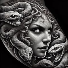 a woman's face with snakes on her shoulder and shoulders, in black and white