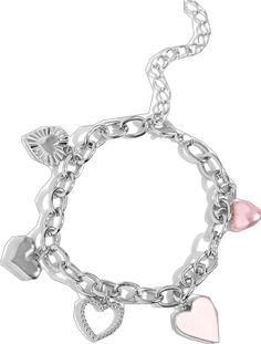 White Heart-shaped Metal Charm Bracelet, Pink Heart Pendant Jewelry, Pink Heart Pendant Metal Jewelry, Pink Adjustable Charm Bracelet, Pink Metal Jewelry With Adjustable Chain, Silver Metal Heart Bracelet With Charms, Pink Heart-shaped Metal Jewelry, Trendy Pink Heart Charm Bracelet, Trendy Silver Heart Beads Bracelet