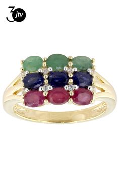 0.71ctw Oval Red Mahaleo(R) Ruby And 0.71ctw Oval Blue Mahaleo(R) Sapphire And 0.41ctw Oval Green Emerald With 0.10ctw Round White Zircon 18k Yellow Gold Over Sterling Silver Ring. Measures Approximately 0.55"L x 0.38"W.  Accent stones primarily zircon. Rajputi Rings For Women, Green Emerald, Emerald Green, Silver Ring, Sterling Silver Rings, Ruby, Emerald, 18k Gold, Sapphire