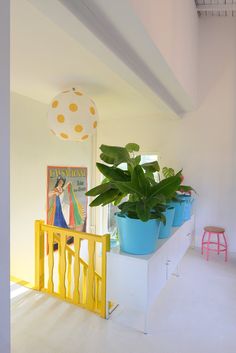 there is a potted plant in the corner of this room with yellow railings