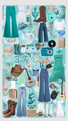 a collage of clothes, shoes and accessories on a blue background