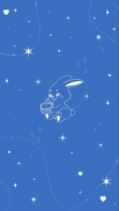 a blue background with white stars and an image of a rabbit flying through the air