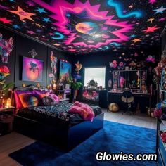 a bedroom decorated in black, pink and blue with stars on the ceiling above it