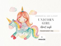 a watercolor unicorn girl with pink hair riding on a rainbow colored horse, text reads commercial use clipart