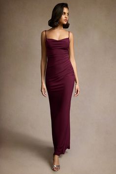 The Sherrie Cowl Maxi Dress is an eveningwear staple. The draped neckline is paired with spaghetti straps and gathering around the waistline. The look is complete with a sheath skirt. Maroon Dress Outfit, Maroon Maxi Dress, Atelier Dress, Wine Colored Dresses, Burgundy Midi Dress, Sage Dress, Special Event Dresses, Maxi Dresses Fall, Fall Wedding Guest Dress