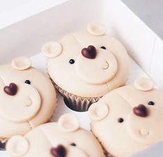 four cupcakes in a box with teddy bears on them