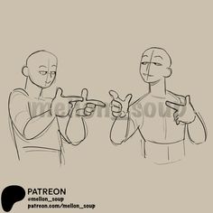 two people are pointing at something with one hand and the other is holding an object