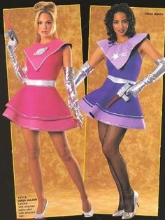 two women dressed in costumes from the 80s