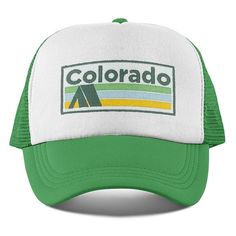 This high quality Colorado toddler hat / kid's snapback trucker hat has a 100% embroidered patch with a colorful mountains design. It's a great gift for a baby shower for any Colorado baby, Colorado toddler or Colorado kid who lives in or visits. It is also a great gift for anybody who likes to spend time in the Colorado mountains in Vail, Aspen, Snowmass, Telluride, Breckenridge or Denver.-- Specifics --Size: This hat fits ages approximately from 2-10 years old. It's ideal for an infant, toddle White Trucker Hat Baseball Cap For Travel, Letter Print Cap For Outdoor Activities, Green Vintage Trucker Hat For Outdoor, Retro Trucker Hat With Curved Brim For Outdoor Activities, Retro Curved Brim Trucker Hat For Outdoor Activities, White Snapback Baseball Cap For Camping, Retro Outdoor Hat With Letter Print, Adjustable White Hats For Camping, White Snapback Hat For Camping