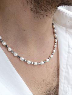 Mens pearl necklace, Secret Santa gift, Hematite beaded choker, Real pearl necklace, Crystal necklace, Boyfriend gift ideas, Y2k pearl necklace men Pearls have long ceased to be in the arsenal of only women. Men easily complement their look with a classic string of pearls or a single pearl on a chain. It is not only fashionable and stylish, but also beautiful. Give this necklace to your boyfriend, believe me, he will not remain indifferent. I only use natural freshwater pearls so I don't have pe Men Pearls, Mens Pearl Necklace, Y2k Choker, Beaded Necklace For Men, Pearl Necklace Real, Pearl Necklace Men, Necklace Boyfriend, Boyfriend Gift Ideas, Men Necklaces