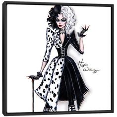 a drawing of a woman dressed in black and white with polka dots on her dress