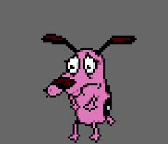 an old school computer game character in pink and black, with one hand up to his face