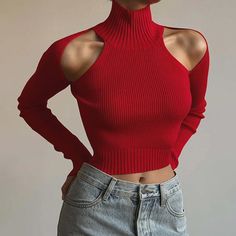 Lasaky - Sophisticated Solid Turtleneck Sweater with Sexy Shoulder and Midriff Cut-Outs Red Christmas Sweater, Cutout Style, Slim Fit Top, High Neck Long Sleeve, Long Sleeve Turtleneck, Turtle Neck Top, Tops Fall, Off The Shoulder Top, Red Sweaters