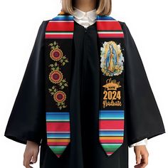 "Material: Nylon Size: 5x78\" Fully lined Fully printed with custom design Two options: Flat ends and Pointed ends Celebrate one of the most significant moments in student life - the graduation ceremony with our unique custom Graduation Stole/Sash. This is the perfect accessory to commemorate one's academic achievements and tell their stories through their graduation attire. Material: Sturdy and durable nylon - This lightweight and breathable material will drape elegantly over your gown, providing a sophisticated finishing touch to your graduation ensemble. Fully lined sash for added durability and structure. This lining ensures that the fabric maintains its shape, and looks well-structured and neat throughout the ceremony. Fully printed with custom design: Personalize your graduation atti Graduation Stole Mexican, Mexican Graduation Sash, Mexican Graduation, Custom Graduation Stole, Graduation Attire, Graduation Sash, Graduation Stole, Academic Achievement, Class Of 2024