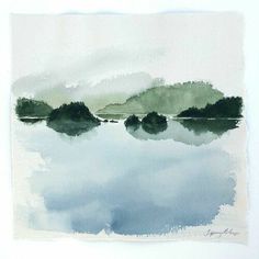 a watercolor painting of a lake with trees in the distance and clouds in the sky