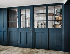 an empty room with blue doors and shelves