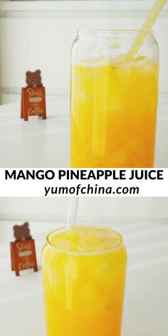 mango pineapple juice in a glass with a straw