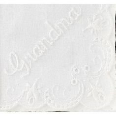 A beautiful and delicate wedding handkerchief, gracefully presented in a gift box, along with a printed verse written especially for this occasion. Express your heartfelt sentiments with this loving and thoughtful gift your loved one will treasure always. Each white hankie is embroidered with a delicate scalloped pattern and the word "Grandma", it arrives folded and boxed along with a sentimental poem entitled "To My Grandmother". The poem card reads: To My Grandmother Dear Grandma, I am all gro Elegant White Handkerchiefs Gift, Elegant White Handkerchiefs As Gift, Elegant Handkerchiefs For Anniversary And Mother's Day, Wedding Goblets, Sand Ceremony Wedding, Wedding Toasting Glasses, Calla Lily Wedding, Wedding Flower Girl Basket, Wedding Cake Server