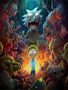 rick and mort in the middle of a group of zombies