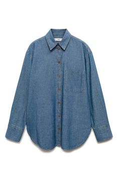 Designed to be worn layered or alone, this all-cotton denim shirt features long sleeves and a single chest pocket. Front button closure Spread collar Long sleeves with button cuffs Chest patch pocket Curved hem 100% cotton Machine wash, line dry Imported Denim Shirt, Chest Pocket, Denim Button Up, Patch Pocket, Button Up Shirts, Button Up, Mango, Nordstrom, Long Sleeves