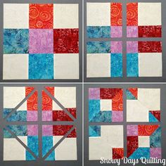 four quilt blocks with different designs on them, each showing the same color and size