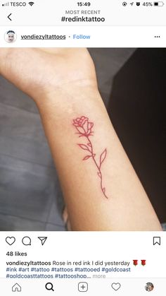 arm tattoo ideas red ink Red Rose Finger Tattoo, Rose Tattoo Red Ink, Red Ink Rose Tattoo, Rose Tattoo Red, Red Rose Tattoos, Tattoo Red Ink, Simple Rose Tattoo, Tiny Flower Tattoos, Rose Tattoo Forearm