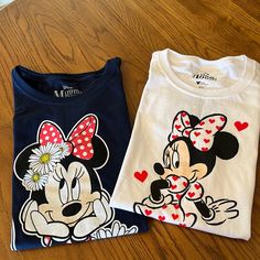 Disney, 2 Minnie Mouse Tee Shirts, Nwot, Cotton, Navy Blue (4/5), White (6/7) Cartoons Band, Mouse Pictures, Mickey Mouse Pictures, White Spandex, Toy Story Shirt, Thankful Shirt, Justice Shirts, Black And White Shirt, Purple Plaid