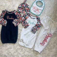 Everything Is Brand New!! Except For The “Presley” Pink And White Gown On The End. These Are So Precious And Cute! Includes: 3 Presley Baby Gowns A Presley Embroidered Hat And A Presley Embroidered Bib Smoke Free | Pet Friendly Home New To Poshmark?? Use Code “Thelittlelilly” At Sign Up To Receive $10 Off!! Pink And White Gown, At Sign, White Gown, Embroidered Hat, Baby Gown, Month Colors, White Gowns, Embroidered Hats, Personalized Embroidered