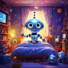 a blue robot sitting on top of a bed in a bedroom