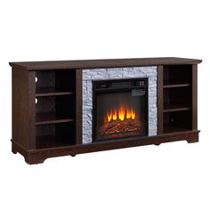 an entertainment center with a fireplace and shelves