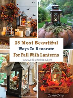 fall decorations with candles and pumpkins on the table, including lanterns and other items