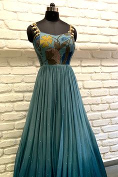 Label Anushree: Shaded Blue Maxi Dress with Sequence Work & Printed Yoke with Shell Work *This piece includes 3 - 4 inches of additional margin in the bodice/blouse to allow alterations up to 1.5 - 2 dress sizes. Organza Maxi Dress, Blue Organza, Long Gown Dress, Long Dress Design, Blue Maxi Dress