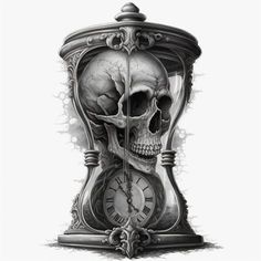 a drawing of a clock with a skull in it