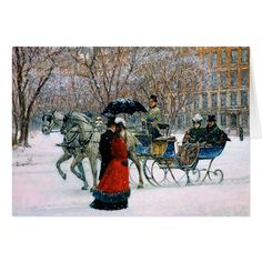 a painting of people riding in a horse drawn sleigh through the snow,