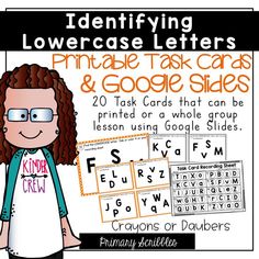 an image of a lady with glasses on her face and text that says identifying lowercase letters