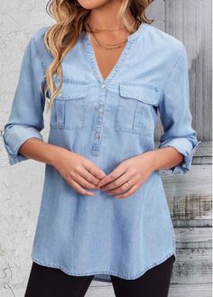 Color:Denim Blue;Size:S;Size:M;Size:L;Size:XL;Size:XXL;Package Contents:1 X Blouse;Occasion:Other;Style:Casual; White Chiffon Blouse, Clothes For Women Over 50, Plaid Shirt Women, Pocket Blouse, Blue Jumpsuits, Lovely Tops, Denim Blouse, Red Jumpsuit, Shirt Pattern