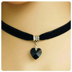 New, Black Crystal Heart Choker On ; Velvet Ribbon Gothic Heart, Heart Choker Necklace, Heart Choker, Jewelry Black, Gothic Jewelry, Velvet Ribbon, Crystal Heart, Black Crystals, New Black