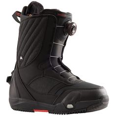 the snowboard boots are black and have red trims on each side of them