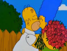 the simpsons kissing his mother with roses in her hand