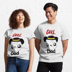 two people wearing t - shirts that say cool and dad with panda face on them