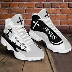 Jesus Walk By Faith B amp W Shoes J13 Sneakers  280322Lk Lightweight construction with breathable mesh fabric provides a comfortable and flawless fit. Christian Shoes, Обувь Air Jordan, W Shoes, Blue Basketball Shoes, Shoe Crafts, Exclusive Shoes, Faith Over Fear, Jordan 13, Walk By Faith