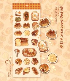 the stickers have different types of pastries on them