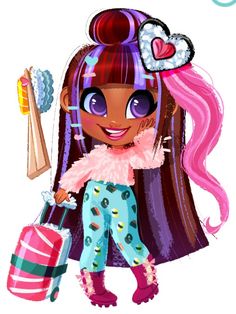 a cartoon girl with long hair holding a suitcase and a pink bag in her hand